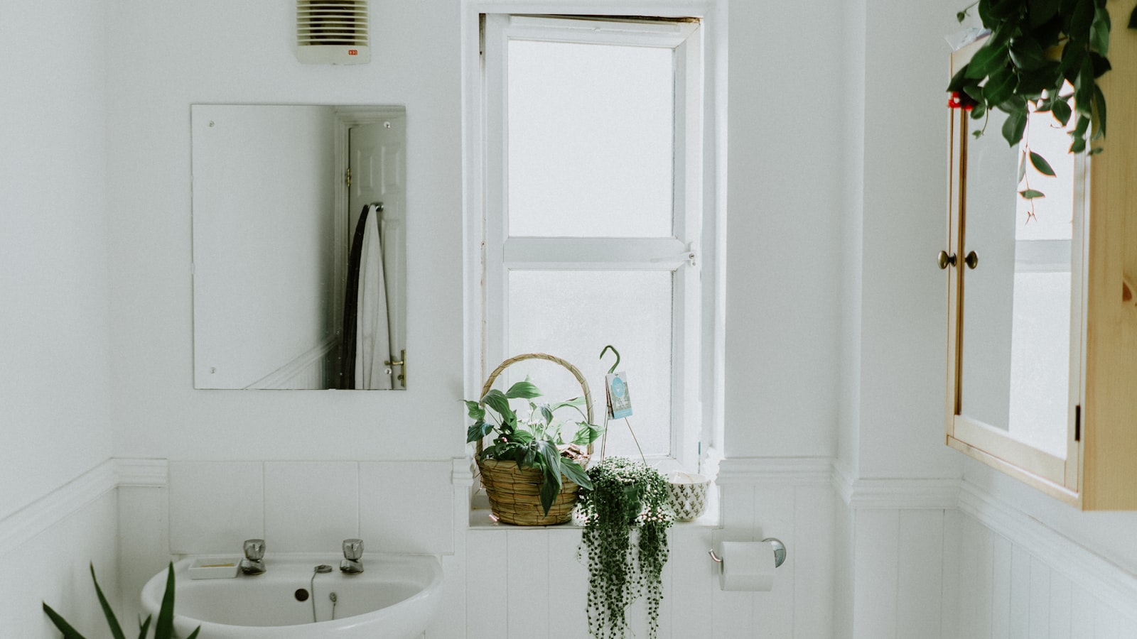 Bright white remodeled bathroom with pedestal sink, sunlit double-hung window, and potted plants